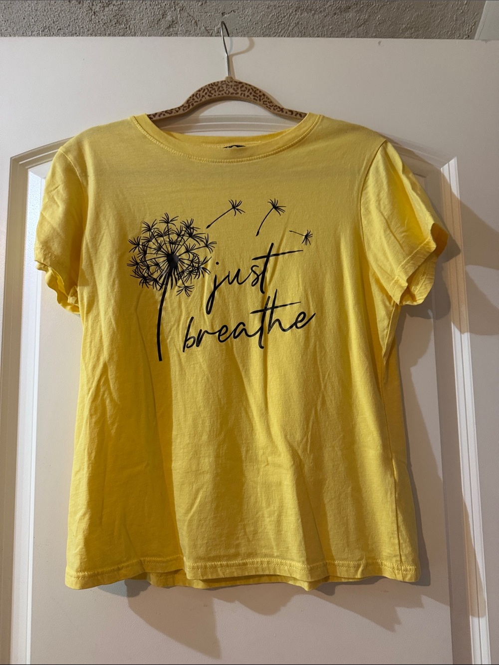 SHEIN Yellow 'Just Breathe' Graphic Short Sleeve Tee